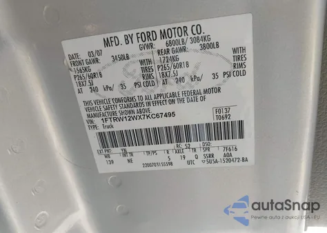 2007 Ford F-150 Xlt from USA, damaged, VIN 1FTRW12WX7KC67495